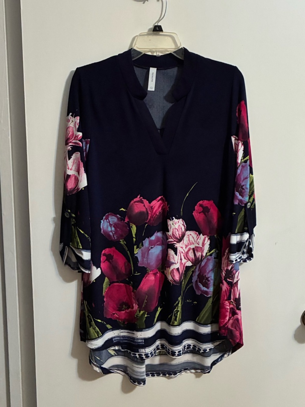 Honeyme Navy Floral V-Neck Tunic with Pink & Purple Blooms
